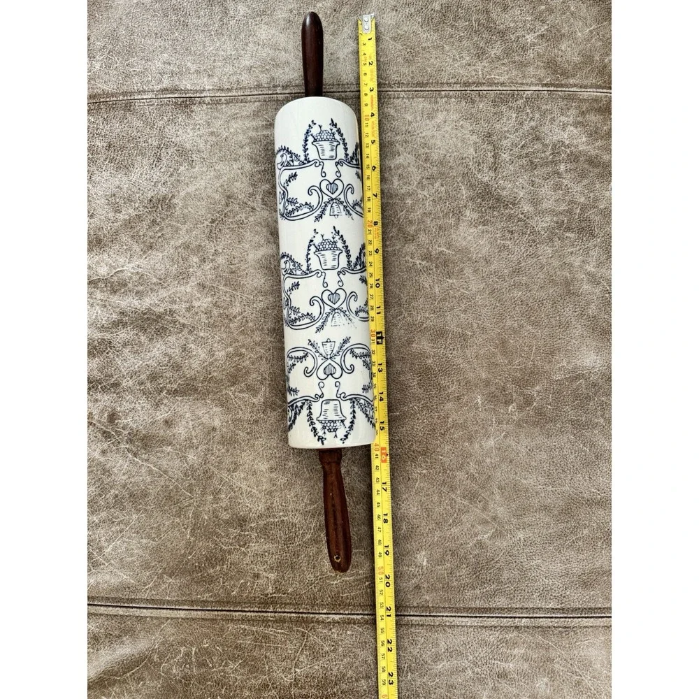 Roller Pin Blue White Glazed Stoneware Wood Handles 19-20